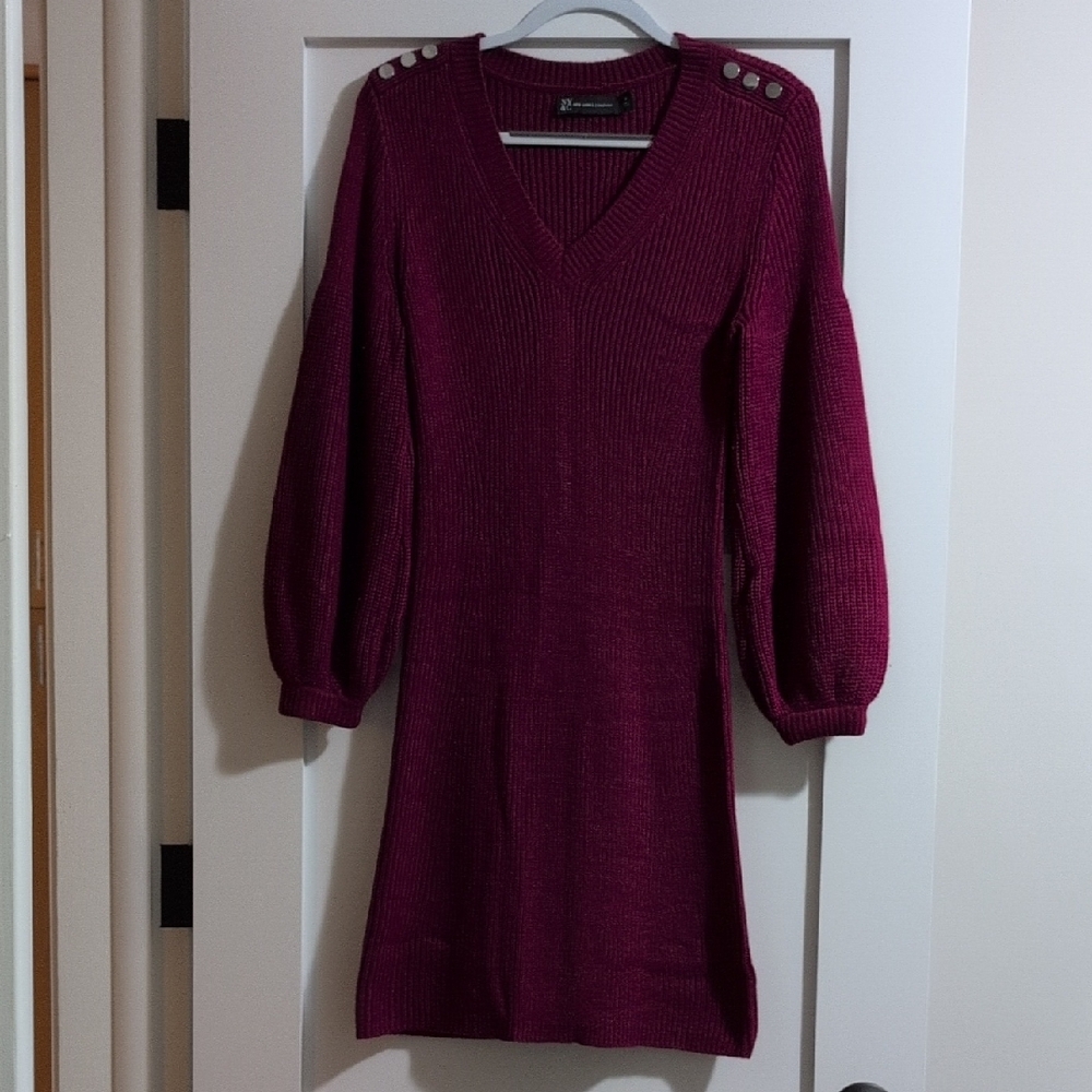 New York & Company Burgundy Long Sleeve Sweater Dress